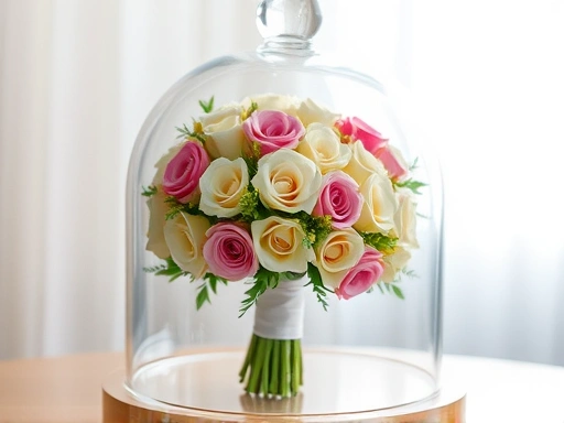 아름다운 결혼식 부케가 투명한 유리 돔 안에 보존되어 빛나는 모습