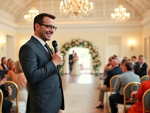 아름다운 결혼식장에서 마이크를 들고 신랑 신부를 향해 부드럽게 미소 짓는 결혼식 사회자의 전신 모습