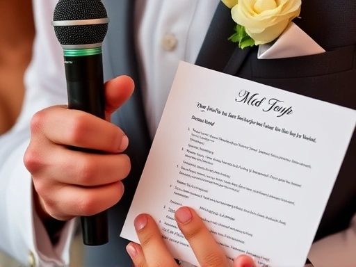 결혼식 사회자 손에 들린 마이크와 잘 준비된 대본이 클로즈업된 장면