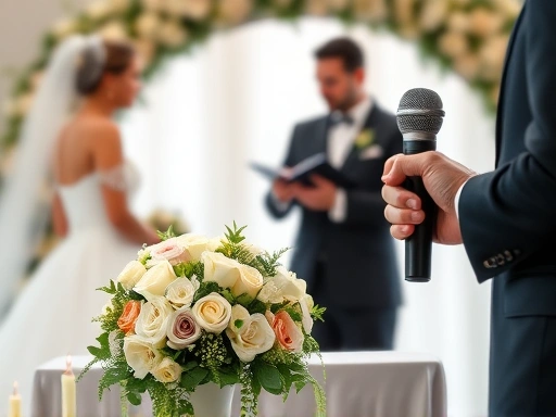 두 사람이 혼인 서약을 교환하거나 사회자가 연설하는 순간에 초점을 맞춘 결혼식 클로즈업 사진, 제단 위 아름다운 꽃 장식이나 마이크를 잡고 있는 손의 세부적인 모습