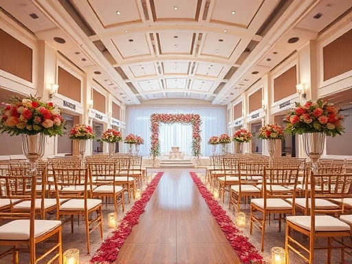 아름다운 결혼식 식순을 위한 완벽한 웨딩홀 레이아웃을 담은 넓은 시야의 이미지