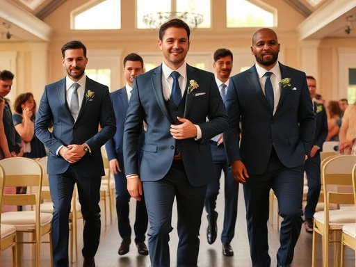 다양한 체형의 신랑이 완벽하게 재단된 네이비 또는 차콜 그레이 정장을 입고 결혼식장 복도를 걷는 모습