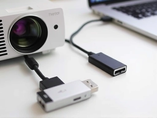 빔 프로젝터와 노트북이 연결된 케이블, 결혼식 영상 파일이 저장된 USB 드라이브, 기술적인 준비를 상징하는 클로즈업 장면