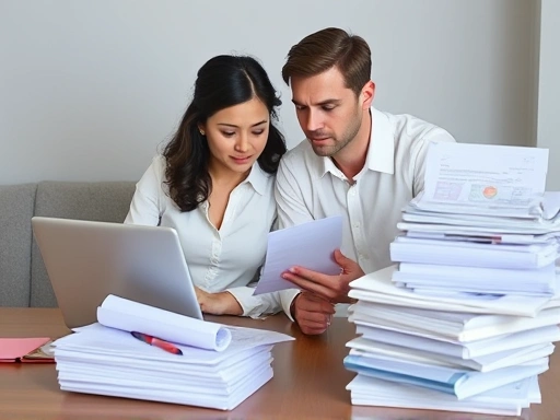 예비 부부가 결혼식 예산 초과로 인해 재정적 어려움을 겪고 있지만, 침착하게 노트북 앞에서 예산표를 검토하며 해결책을 모색하는 장면
