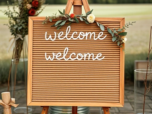따뜻한 나무 질감의 웰컴 보드가 야외 결혼식 배경에 놓여 있고, 드라이플라워와 유칼립투스 가지로 장식된 보드에 손글씨로 환영 메시지가 적힌 클로즈업 샷