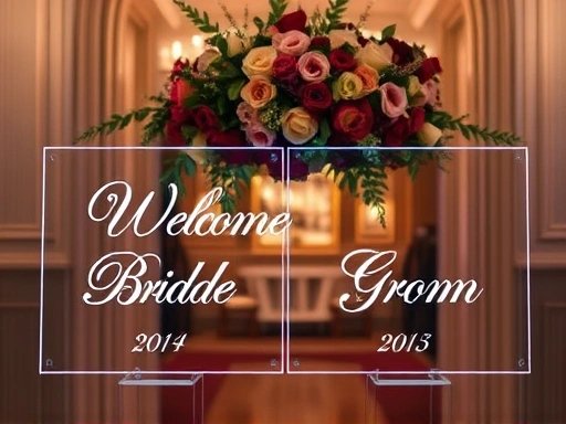 아크릴 웰컴 보드와 풍성한 생화 장식이 어우러진 결혼식 입구의 모습