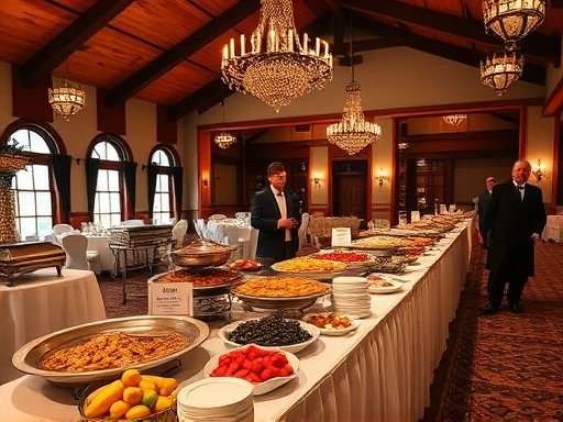 아름다운 웨딩홀에서 뷔페 음식 옆에 알레르기 유발 물질이 명확히 표기된 안내판이 세워져 있고, 하객들이 안심하고 음식을 선택하는 모습