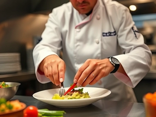 웨딩홀 주방에서 셰프가 알레르기 유발 재료가 없는 특별한 요리를 준비하는 모습