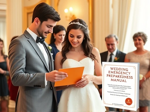 결혼식 당일 신랑 신부가 침착하게 비상용품 키트를 확인하며 예상치 못한 문제에 대비하는 모습