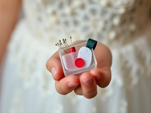 작은 손으로 옷핀, 실, 바늘, 반창고 등이 정돈된 미니 비상용품 키트를 들고 있는 클로즈업 사진, 웨딩 드레스의 섬세한 레이스가 배경으로 흐릿하게 보이는 결혼식 응급 상황 준비물.