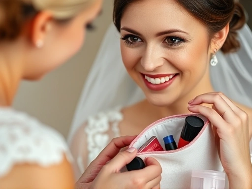 결혼식 당일, 신부가 우아하게 미소 짓고 있는 동안 옆에서 웨딩 헬퍼가 작은 파우치에서 메이크업 수정 용품을 꺼내는 장면