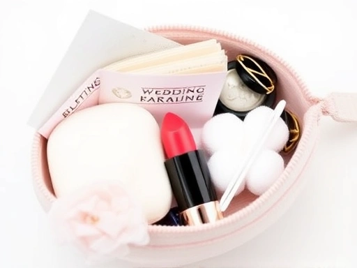 작고 세련된 파우치 안에 기름종이, 미니 쿠션, 면봉, 립스틱, 헤어핀 등 결혼식 응급 메이크업 키트의 필수 구성품들이 깔끔하게 정리되어 있는 클로즈업 샷으로, 실용적이고 신뢰성 있는 웨딩 비상템 구성을 시각적으로 보여줍니다.