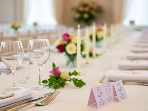 결혼식 하객 테이블의 클로즈업, 정갈하게 놓인 식기와 꽃 장식, 그리고 테이블 번호가 적힌 작은 카드가 보이는 세부적인 묘사, 웨딩 좌석 배치의 세심함과 준비성을 강조.
