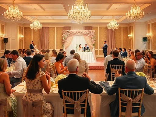 아름답게 꾸며진 결혼식 연회장에서 다양한 하객들이 테이블에 앉아 서로 대화하고 웃는 모습