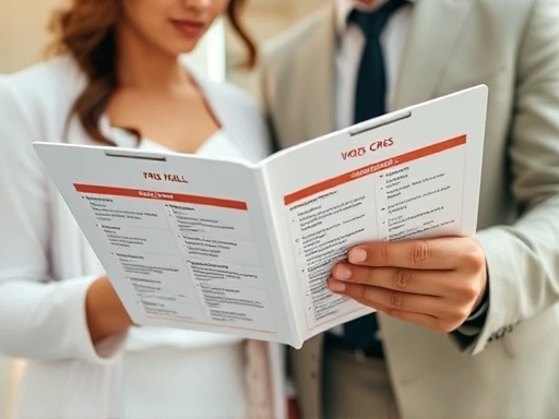 웨딩 플래너와 함께 태블릿으로 웨딩홀 선택 가이드를 보며 상담하는 예비부부의 클로즈업 장면