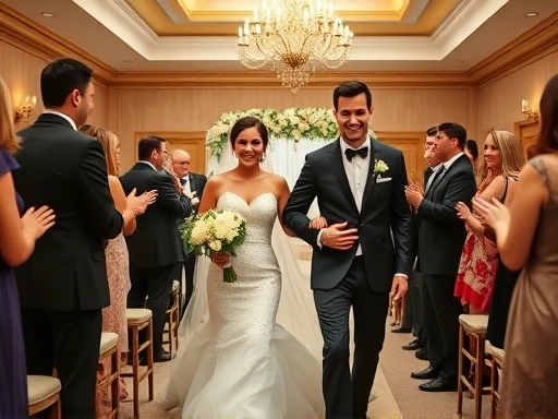 아름다운 신부와 늠름한 신랑이 결혼식장 복도를 걸어가며 하객들에게 인사하는 장면