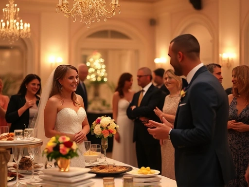 아름다운 결혼식 피로연 장소에서 신랑 신부가 하객들과 다정하게 대화하며 웃고 있는 모습
