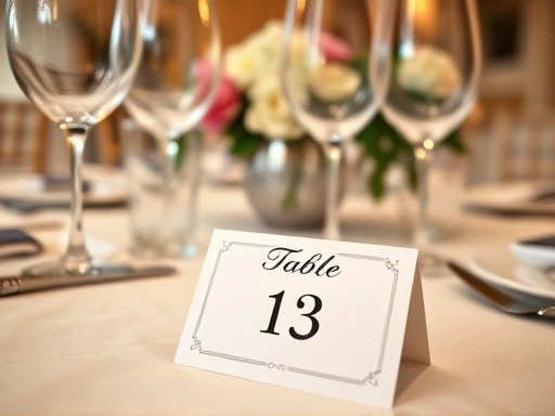 피로연 테이블 위에 정갈하게 놓인 코스 요리와 와인잔, 테이블 번호가 적힌 세련된 카드, 그리고 뒤로 보이는 우아한 식기들과 잘 정돈된 꽃 장식이 클로즈업된 장면