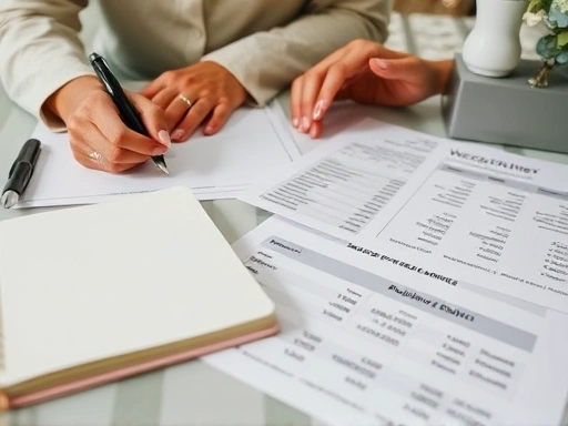 클로즈업(close-up)으로 테이블 위에 놓인 결혼식 계획 노트와 펜, 그리고 예산표를 보여주며, 예비 부부가 하객 수를 조절하기 위해 숫자를 계산하고 체크하는 손의 움직임을 포착한다.