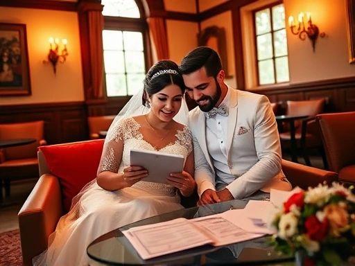아늑한 웨딩홀에서 신랑 신부가 함께 앉아 태블릿을 보며 결혼식 하객 리스트를 신중하게 논의하는 장면