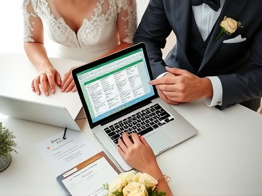 결혼식을 준비하는 신랑 신부가 노트북으로 엑셀 템플릿을 활용해 하객 명단을 체계적으로 관리하고 있는 모습