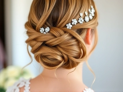 결혼식 당일 가장 중요한 헤어 고정력을 위한 완벽한 스타일의 신부 머리카락이 섬세하게 세팅되어 있고, 빛나는 헤어 액세서리가 돋보이는 클로즈업 사진.