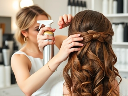 웨딩 헤어 전문가가 신부의 머리카락에 강력 고정 헤어 스프레이를 꼼꼼히 분사하며 마지막 고정 작업을 하는 모습