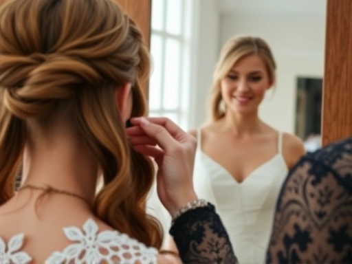 웨딩 헤어 시연 중인 헤어 디자이너가 신부의 머리카락을 섬세하게 만지며 스타일링하고 있고, 신부는 거울을 통해 자신의 모습