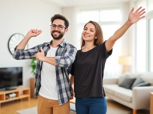 A smiling couple, dressed casually, looking relaxed while doing light stretches together in a bright, modern apartment, symbolizing stress-free wedding preparations and healthy habits, focusing on mar...