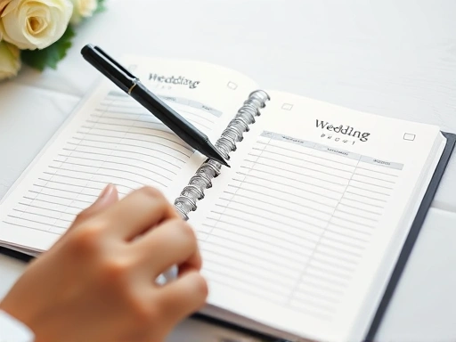 테이블에 놓인 열린 결혼 예산 노트와 펜이 클로즈업되어 있으며, 손으로 항목을 작성하는 모습