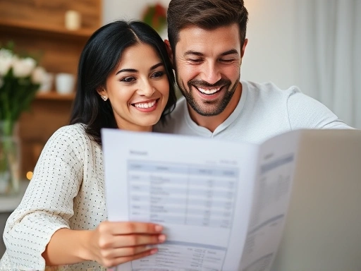 웃고 있는 예비 부부가 함께 노트북을 보며 결혼 예산 시트를 검토하고 있는 모습