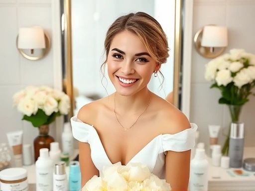 결혼을 앞둔 신부가 스킨케어 제품들로 가득 찬 화장대 앞에서 거울을 보며 행복하게 미소 짓는 모습