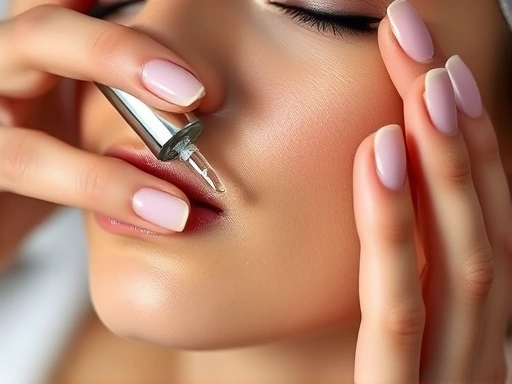 섬세한 손길이 피부에 에센스를 바르는 클로즈업 장면