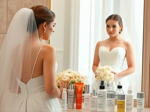 결혼을 앞둔 신부가 웨딩 드레스를 입고 거울 앞에서 갑자기 나타난 붉은 피부 트러블을 발견하고 걱정하는 모습