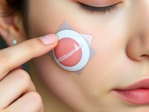 얼굴에 올라온 붉고 부어오른 여드름에 투명한 트러블 패치를 붙이거나 진정 크림을 바르는 손의 클로즈업 사진, 주변에 진정용 시트 마스크와 스킨케어 제품들이 흐릿하게 보이는 구체적 묘사