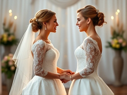 웨딩 드레스를 입은 커플이 서로 마주보고 손을 잡고 부드럽게 미소 짓는 모습