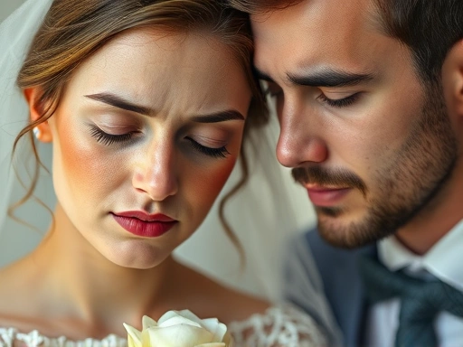 지쳐 보이는 신부가 잠시 눈을 감고 명상하며 휴식을 취하는 클로즈업.