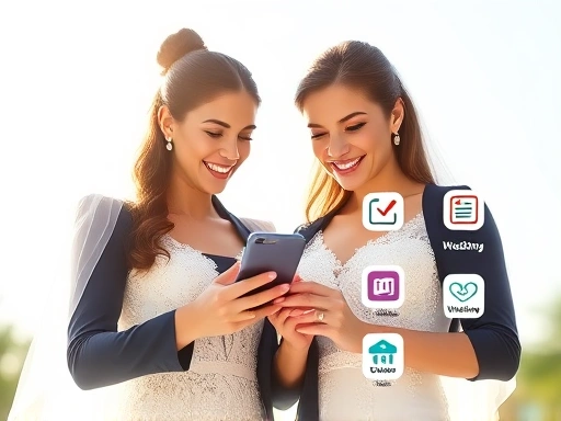 예비 신랑 신부가 스마트폰 앱을 활용하여 결혼 준비 체크리스트와 예산을 효율적으로 관리하는 모습