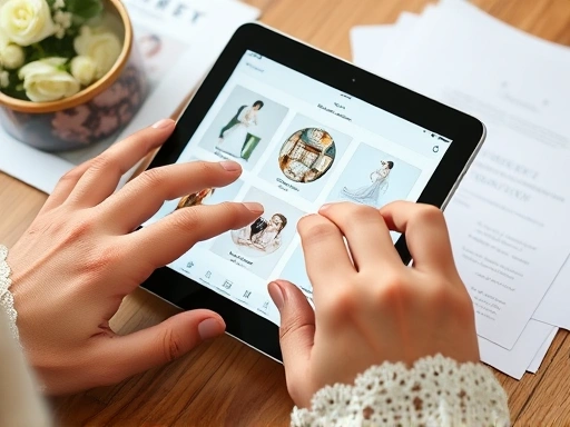 두 손이 태블릿 화면 위에서 웨딩홀, 드레스, 스튜디오 등 결혼 준비 앱의 다양한 기능을 탭하며 정보를 탐색하는 클로즈업 장면
