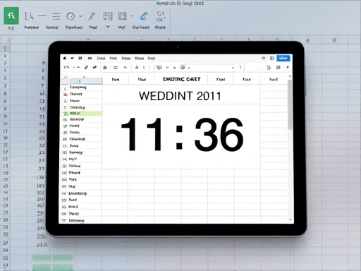 깔끔하게 정리된 스프레드시트 또는 디지털 캘린더가 열려 있고, 그 위에 결혼식 날짜와 D-Day 카운트다운이 명확하게 보이는 이미지
