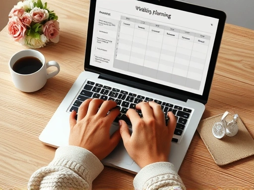 두 손이 노트북 위에서 결혼 준비 일정표를 함께 수정하고 있는 클로즈업 사진.