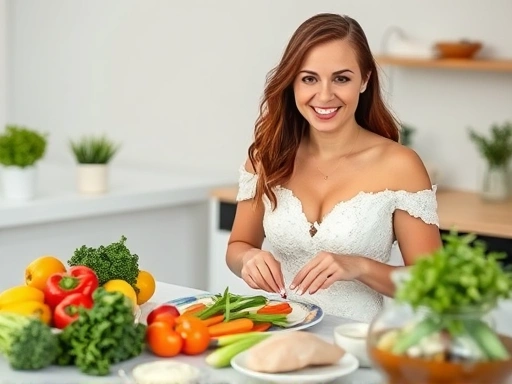 결혼 준비를 하는 행복한 예비 신부가 건강한 식단을 준비하며 웃고 있는 모습