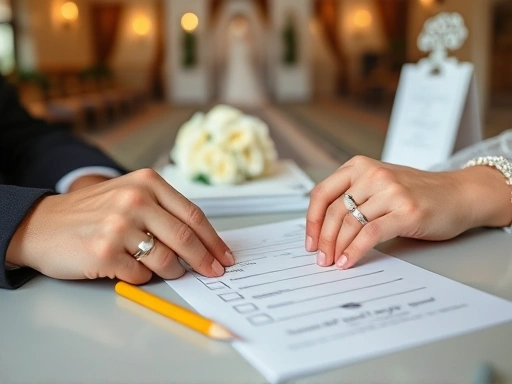 테이블 위에 놓인 결혼 준비 체크리스트 용지와 연필, 그 옆으로 웨딩 밴드를 낀 두 손이 서로 마주 잡고 있다.