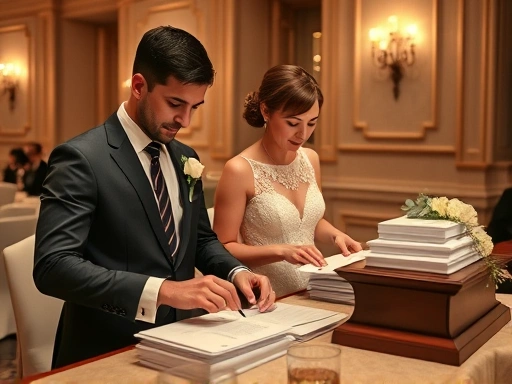 결혼식 축의금 봉투와 장부가 놓여있는 접수대에서 신혼부부가 감사한 마음을 담아 체계적으로 관리하는 모습