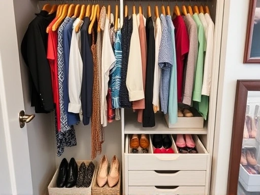침실 옷장 내부 클로즈업 사진으로, 옷과 액세서리가 종류별로 깔끔하게 분류되어 정리된 모습