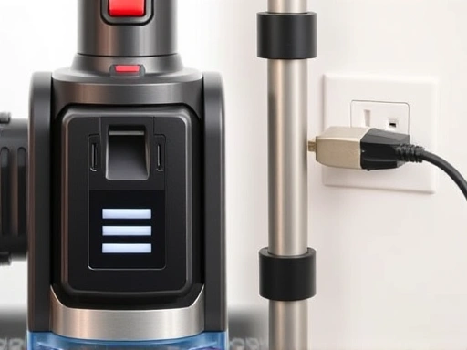 무선 청소기의 배터리 팩과 유선 청소기의 전원 코드 플러그가 나란히 놓여 있는 클로즈업 사진, 무선 청소기 충전 중인 모습