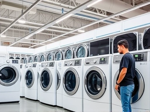 다양한 종류의 세탁기들이 진열된 현대적인 가전매장 내부, 드럼 세탁기와 일반 세탁기가 나란히 놓여있고, 한 고객이 고민하며 살펴보고 있는 모습