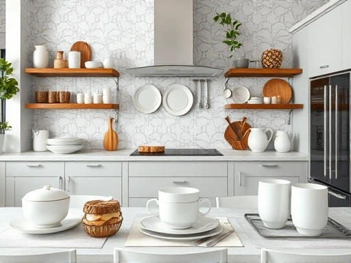 다양한 종류의 식기세트가 아름답게 진열된 주방 공간, 재질별 특징과 디자인을 보여주는 고화질 이미지