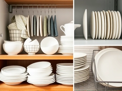 정성스럽게 세척되고 건조된 다양한 재질의 식기들, 깔끔하게 정리된 주방 수납 공간, 식기 관리법의 중요성을 강조하는 클로즈업 사진, 위생적인 식기 보관.