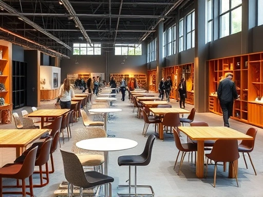 다양한 재질의 식탁과 의자 세트가 깔끔하게 배열된 쇼룸의 전경, 사람들이 식탁을 둘러보고 있는 모습